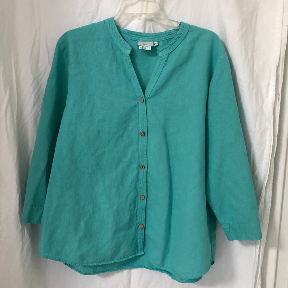Hot Cotton Women's XL Teal Split-neck 3/4 sleeve Linen/Cotton Button Down Top